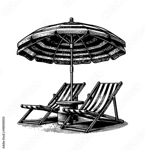 Beach umbrella and lounge chairs in detailed vintage black and white engraved illustration style