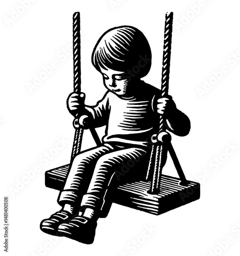 A Boy Sitting on a Swing, Leaning Forward, Drawn in Black and White Detailed Woodcut Style