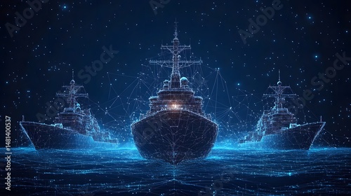 Striking digital visualization of three navy ships rendered as blue wireframes against a deep blue starlit background. Evokes advanced technology and naval power. Abstract wireframe in dark blue.