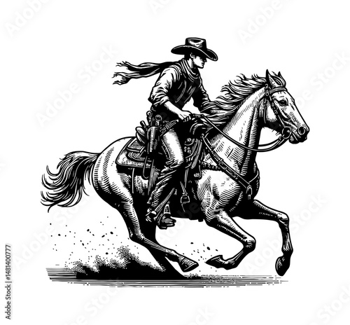 Cowboy Riding a Horse, galloping fast in vintage detailed black and white line art drawing