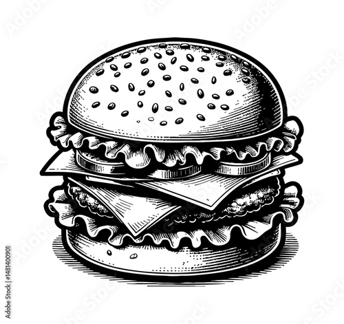 Detailed Black and White Line Art Illustration of a Classic Layered Burger