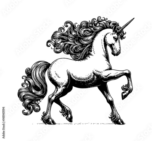 Elegant Unicorn Standing with Detailed Mane and Tail in Black and White Engraving Style