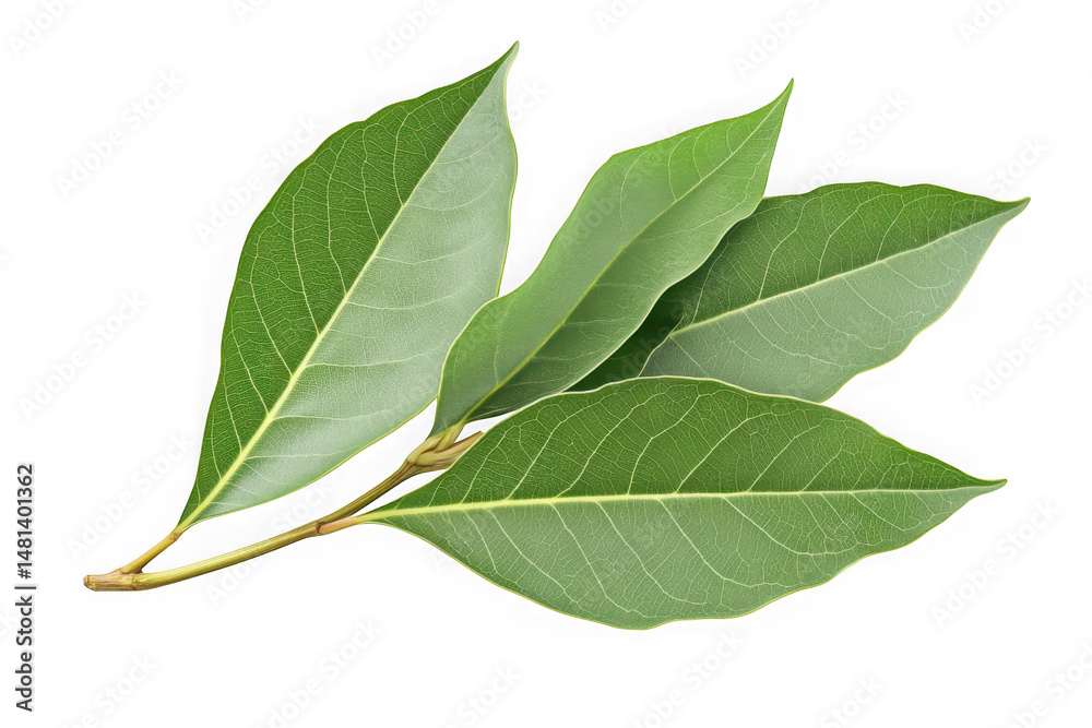 Obraz premium Detailed close-up of a branch with several fresh green leaves showcasing intricate vein patterns and smooth edges isolated on transparent background