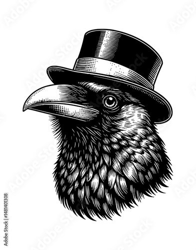 Portrait of Crow Head Wearing a Hat Detailed Black and White Engraving Illustration