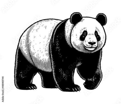 Illustration of a Panda Walking Forward with Detailed Black and White Fur Pattern on a White Background