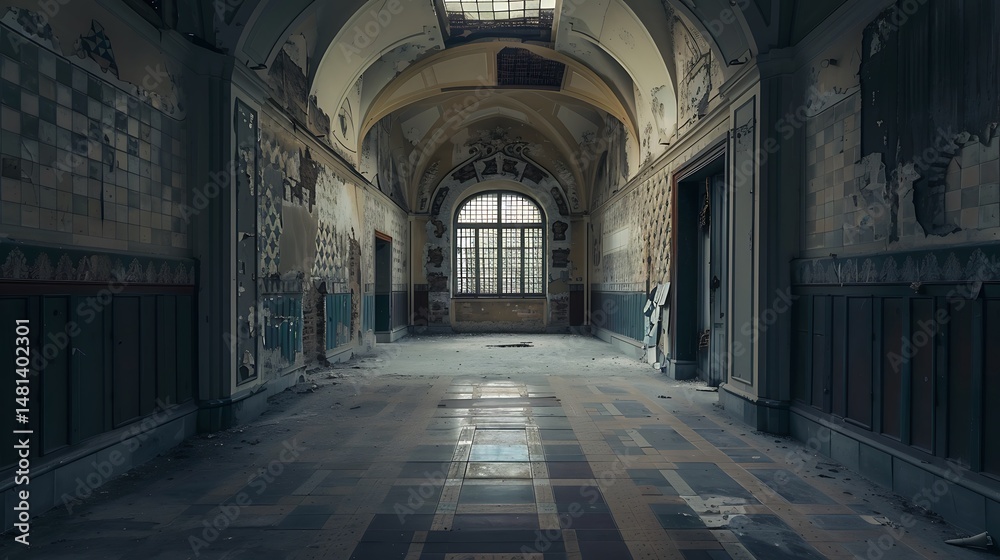 Fototapeta premium Dilapidated Hallway Interior With Arched Ceiling And Window in Abandoned Building