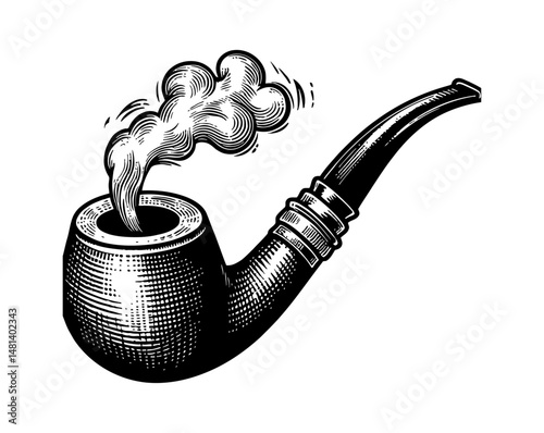Engraved Smoking Pipe with Smoke in Black and White Detailed Vintage Illustration