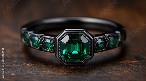 Emerald ring on wood, dark background