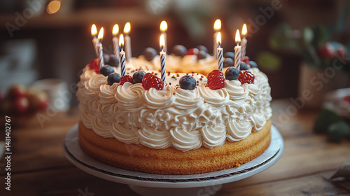 Lit Birthday Cake with Berries on Table in Rustic Kitchen