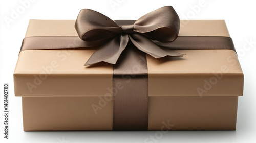 Brown gift box with brown ribbon bow on white background