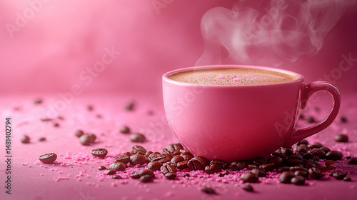 Steaming coffee in pink cup on pink surface with beans