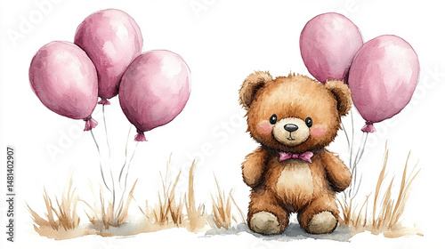 Teddy bear with pink balloons in grassy field