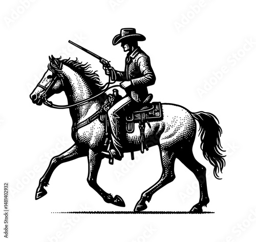 Cowboy Riding Horse with Gun in Vintage Black and White Woodcut Style Illustration