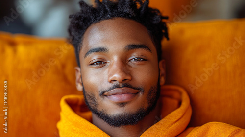 Relaxed young man rests on orange couch at home
