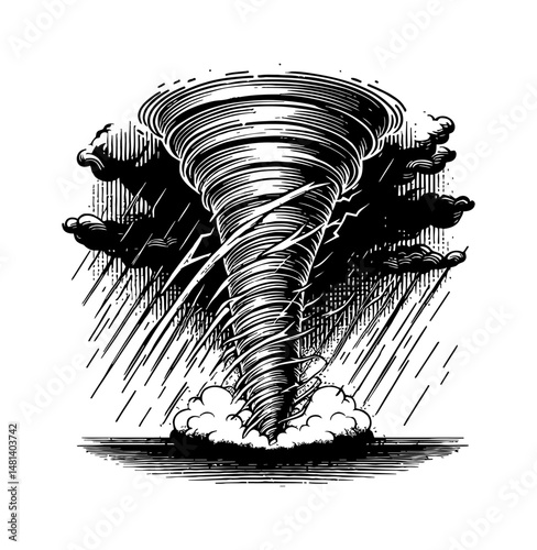 Engraved illustration of tornado with lightning, rain and clouds isolated on white