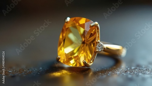 Yellow Citrine ring on display with sparkling yellow corundum gemstone , citrine, gemstone