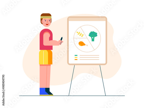 Man explaining food menu to build muscle after exercise. Healthy life illustration. Flat vector illustration concept