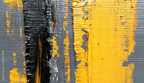 Abstract painting with bold vertical strokes of yellow and black on a gray background photo