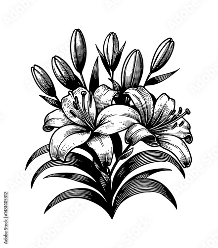 Detailed black and white engraving of lily flowers and buds on a white background