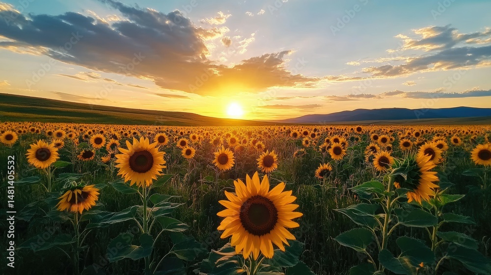 Fototapeta premium Sunset over a Sunflower Field