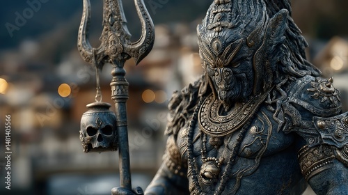 Fierce protector shiva in bhairava form ancient temple sculpture urban setting close-up spiritual symbolism photo