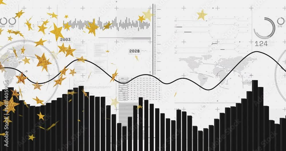 Data visualization being animated in infographic UI, showing black bar chart line graph, gold stars Data visualization being animated in infographic UI, showing black bar chart line graph, gold stars