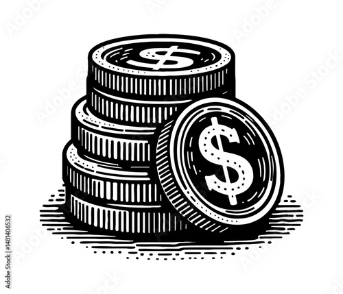 Stack of Coins with Dollar Sign in Detailed Black and White Line Art Engraving