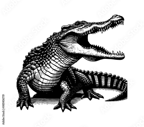 Engraved Style Illustration of Alligator with Open Mouth Black and White