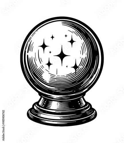 Detailed Black and White Line Art of Crystal Ball on Stand with Stars Inside, Engraved Style