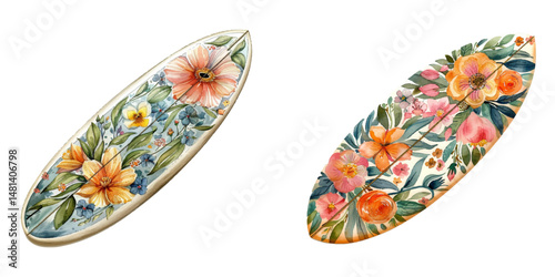 floral surfboard watercolor vector illustration