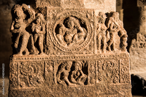 Detail of stone carving inside Aurangabad Buddhist Caves