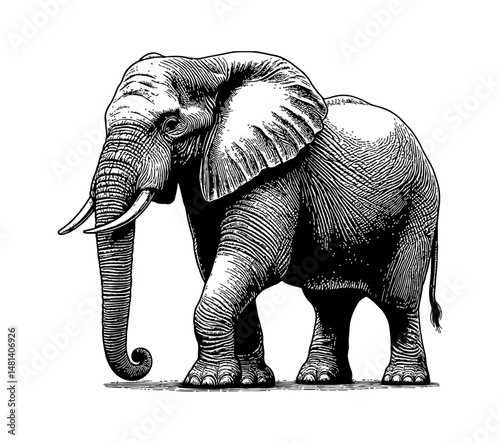 Detailed Black and White Illustration of an Elephant Standing Sideways with Long Trunk in Line Art