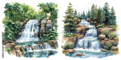 forest waterfall watercolor vector illustration