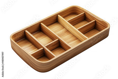Angled view of a light brown wooden organizer tray with multiple compartments, perfect for storage and organization, isolated on transparent background photo