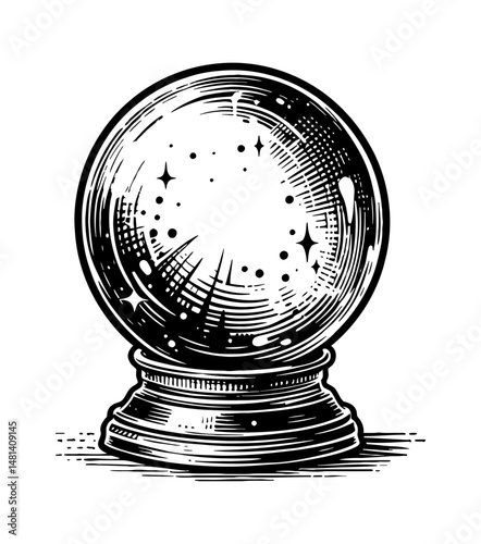 Mystical Crystal Ball with Stars Inside in Detailed Black and White Engrave Illustration Style
