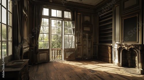 Elegant Golden Interior Room with Sunlight Shining Through Windows and Detailed Ornate Design