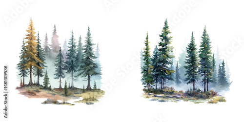 pine forest in the fog watercolor vector illustration