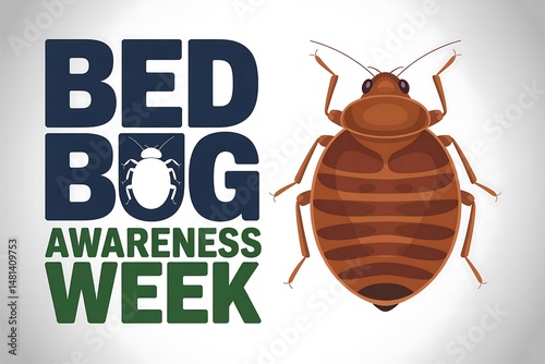 Bed bug awareness week graphic with a large brown detailed cartoon bed bug illustration on the right