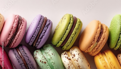 Colorful macarons arranged in a delightful row on a light background.
