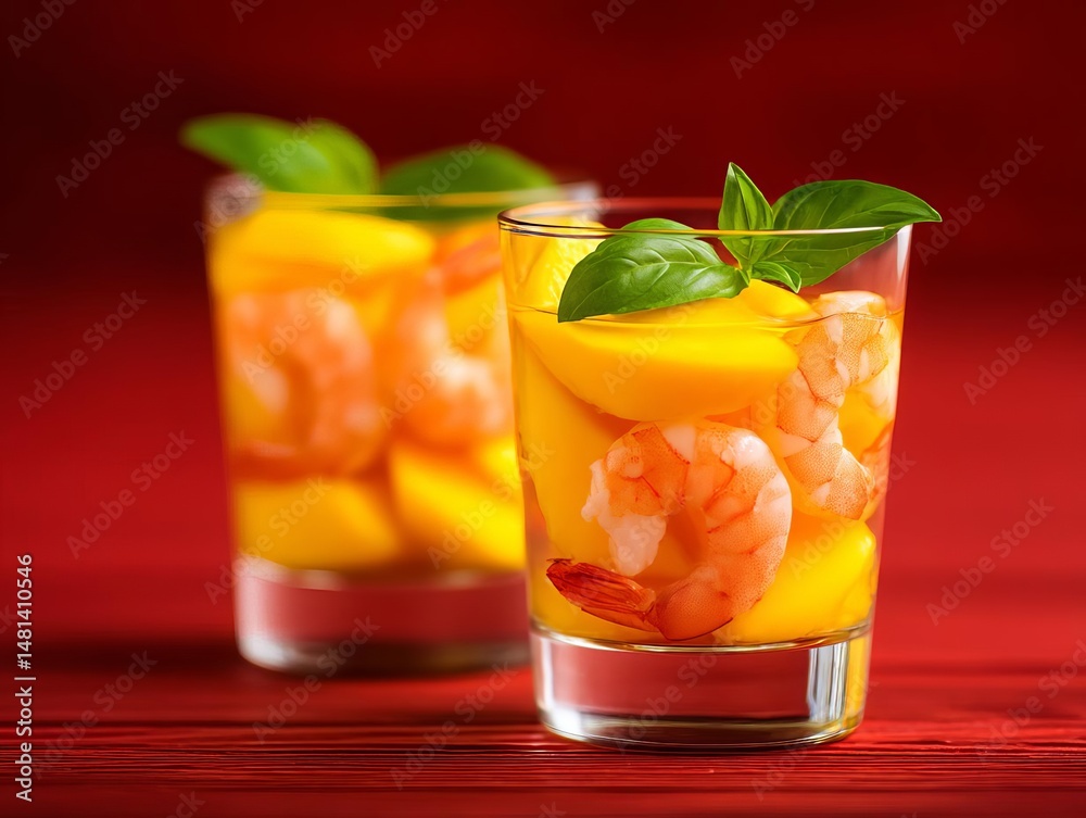 Fototapeta premium Refreshing shrimp and mango cocktail garnished with basil leaves.