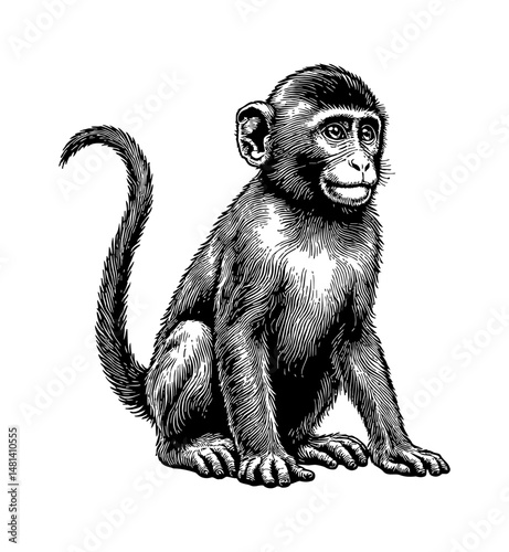 Engraved Illustration of Monkey Sitting on White Background Detailed Black and White