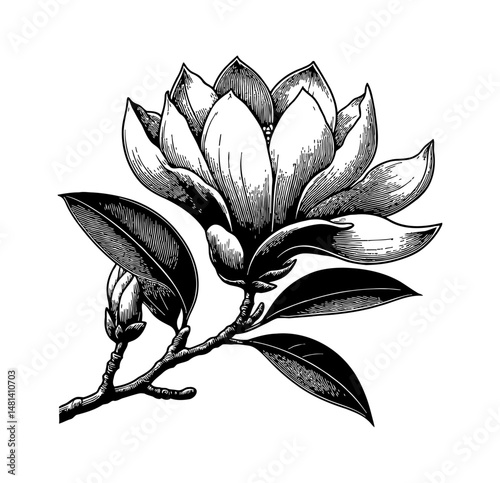 Detailed Black and White Engraving of a Magnolia Flower with Leaves and Branch Isolated