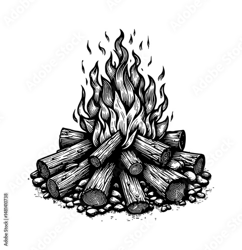 Illustration of burning campfire with firewood and stone, graphic woodcut style in black and white
