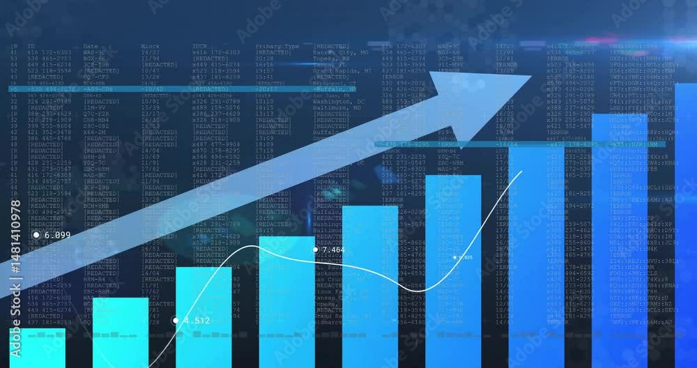 Data visualization animating on dashboard, showing rising bars flowing line graph hex grid overlay