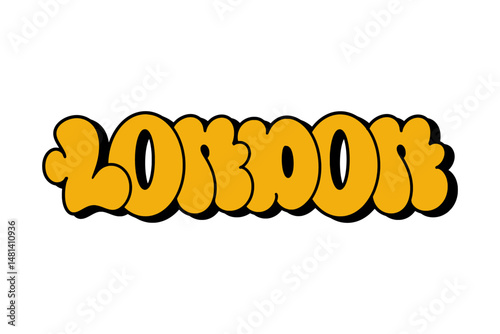 Graffiti throw-up “London” in bold yellow bubble letters with black outline on white background. Urban street style with vibrant colors, ideal for streetwear, posters, and digital art projects.

