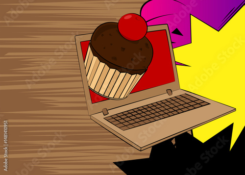 Cartoon Laptop, comic book Notebook with Cupcake. Retro vector comics pop art design.