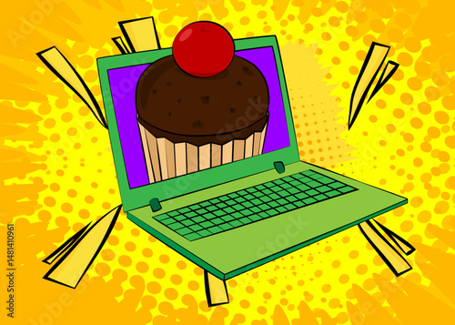 Cartoon Laptop, comic book Notebook with Cupcake. Retro vector comics pop art design.