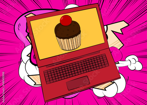 Cartoon Laptop, comic book Notebook with Cupcake. Retro vector comics pop art design.
