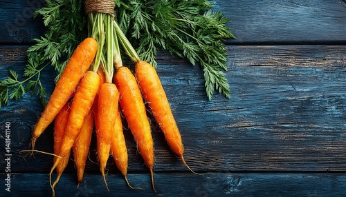 Fresh, vibrant carrots displayed on a rustic blue wooden table.