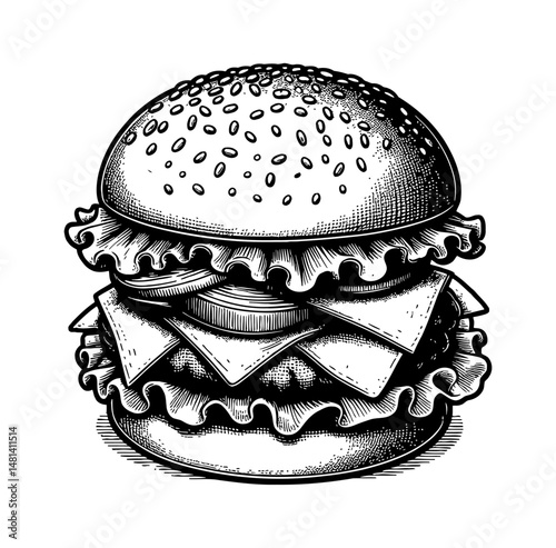 Detailed Engraving Style Illustration of a Delicious Looking Classic Hamburger